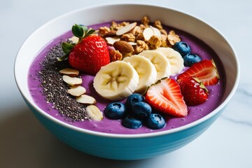 A bowl of fruit with blueberries, bananas, strawberries, and nuts. The bowl is purple and the fruit is fresh and colorful