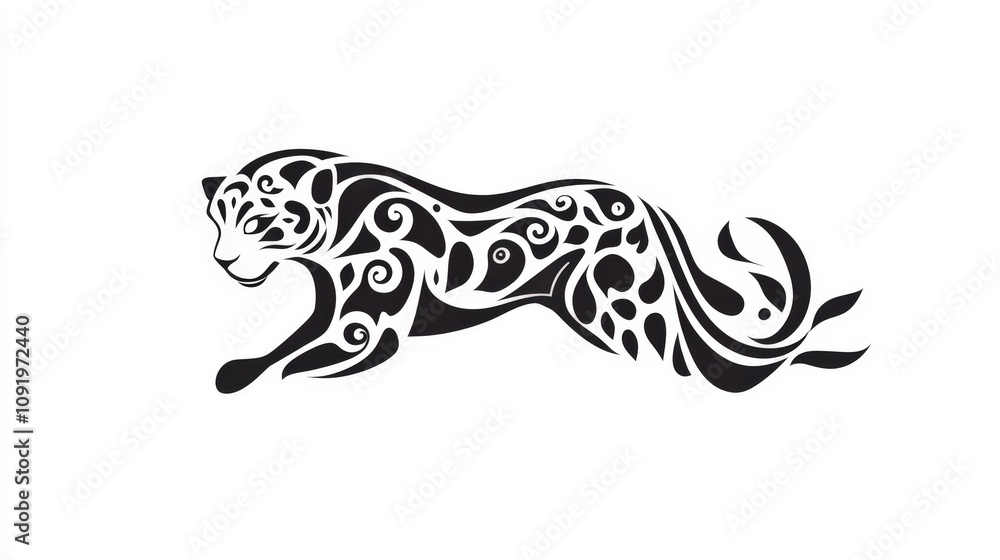 Poster artistic black and white silhouette of a leaping leopard with intricate swirls and patterns represen
