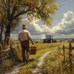 Obraz premium A farmer walks along a path with a basket, heading towards a tractor in a scenic landscape.