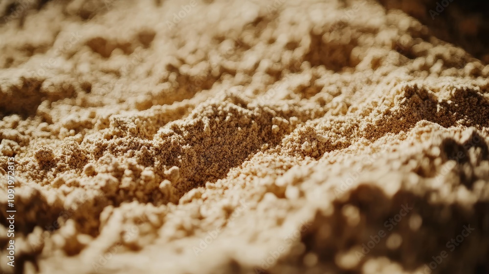 Poster close-up view of textured golden sand creating patterns under natural light highlighting each grain 