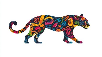 Fototapeta premium Colorful Abstract Art of a Panther with Spirals and Whimsical Patterns Against a White Background for Vibrant Wildlife Themes and Creativity