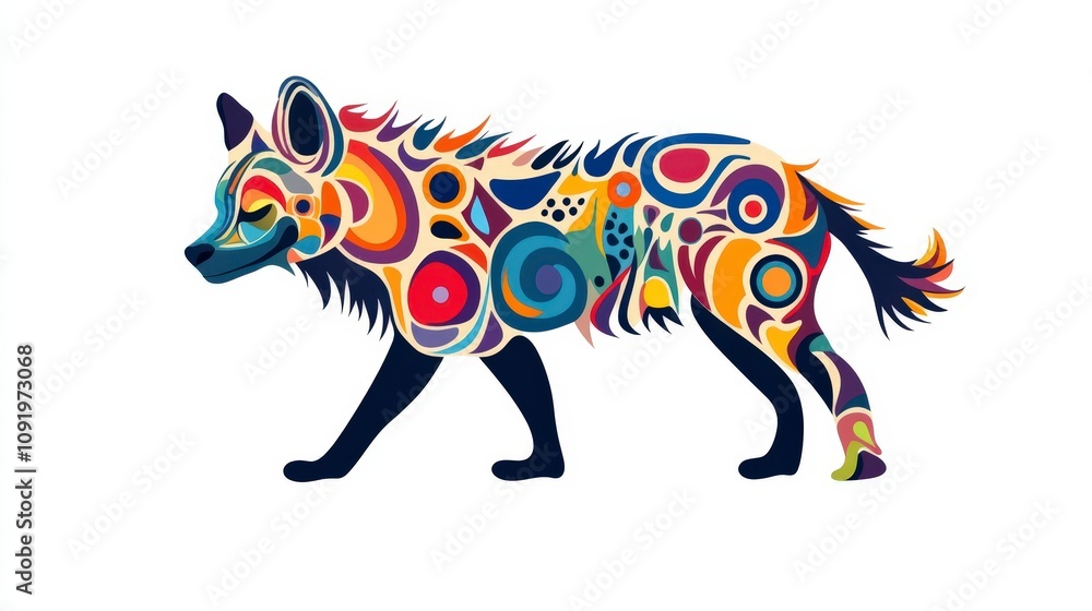 Poster colorful artistic representation of a hyena with abstract patterns and vivid colors for use in creat