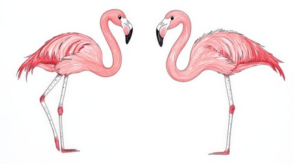 Obraz premium Adorable Illustration of Two Pink Flamingos Standing Side by Side with Detailed Feathers and Distinctive Beaks for Nature and Wildlife Themes