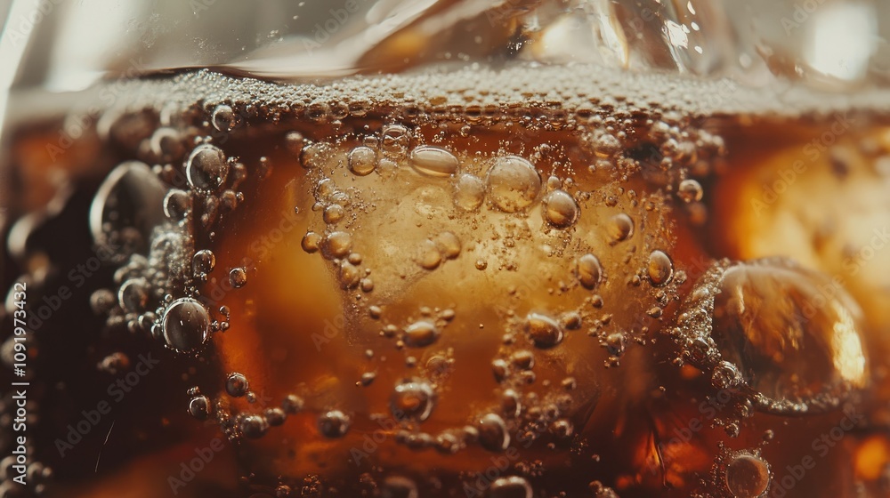 Aufkleber close-up of bubbles in refreshing carbonated beverage served over ice in glass capturing refreshment