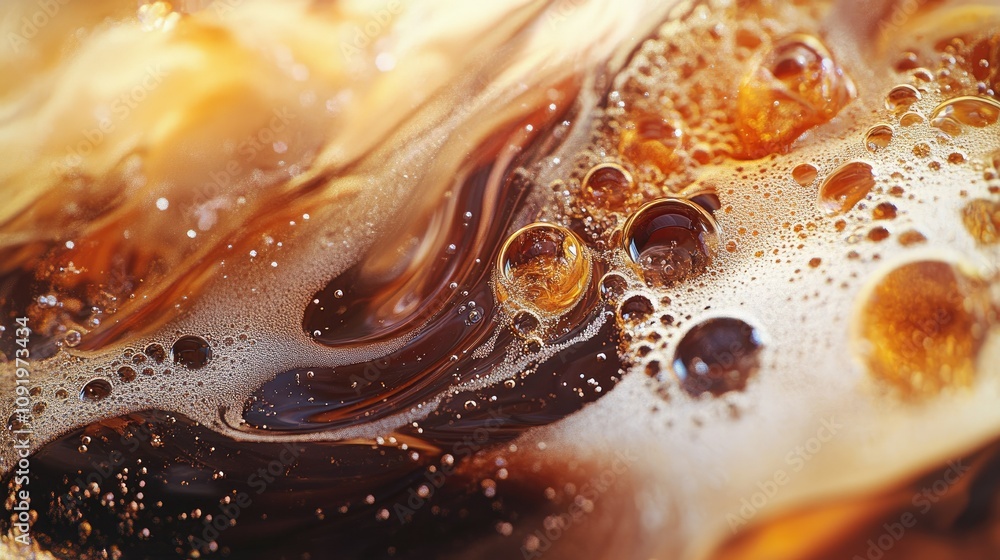 Poster abstract close-up of bubbles and swirls in dark liquid with vibrant coloration and texture ideal for