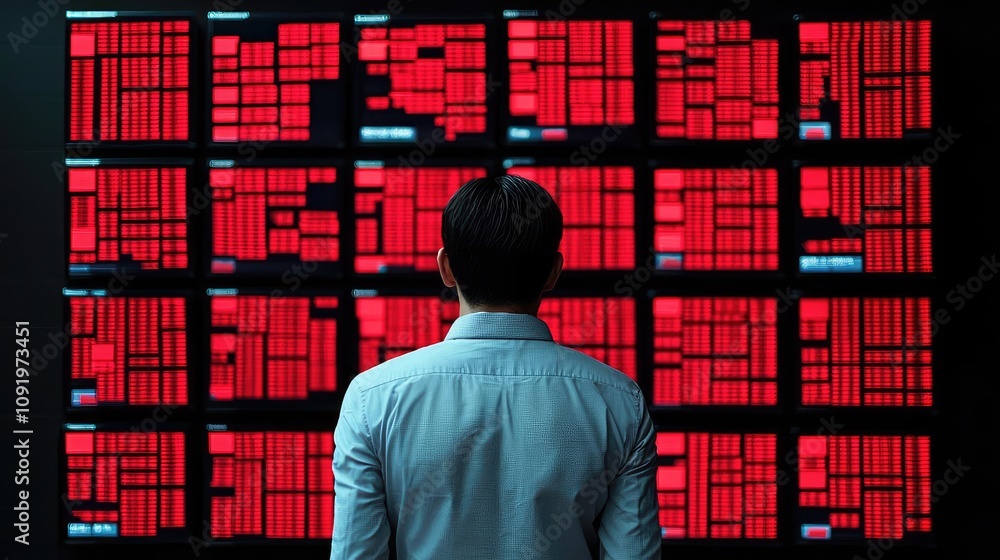 Poster person analyzing data on a large screen with red digital displays.