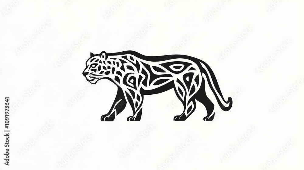 Poster intricate tribal style black panther silhouette with abstract patterns displayed on a clean backgrou