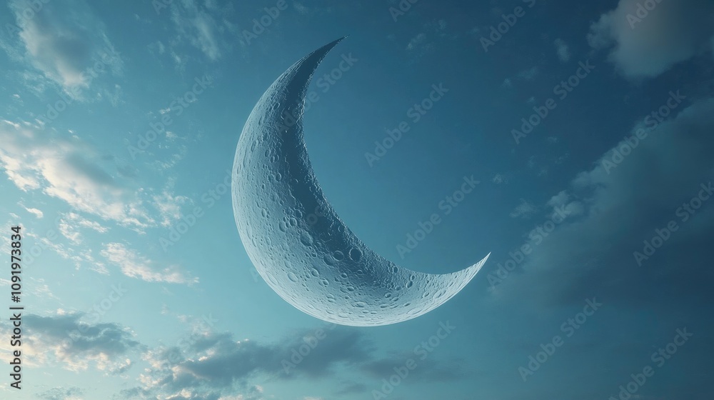Poster ethereal crescent moon illuminating a tranquil twilight sky with wispy clouds and soft blue tones cr