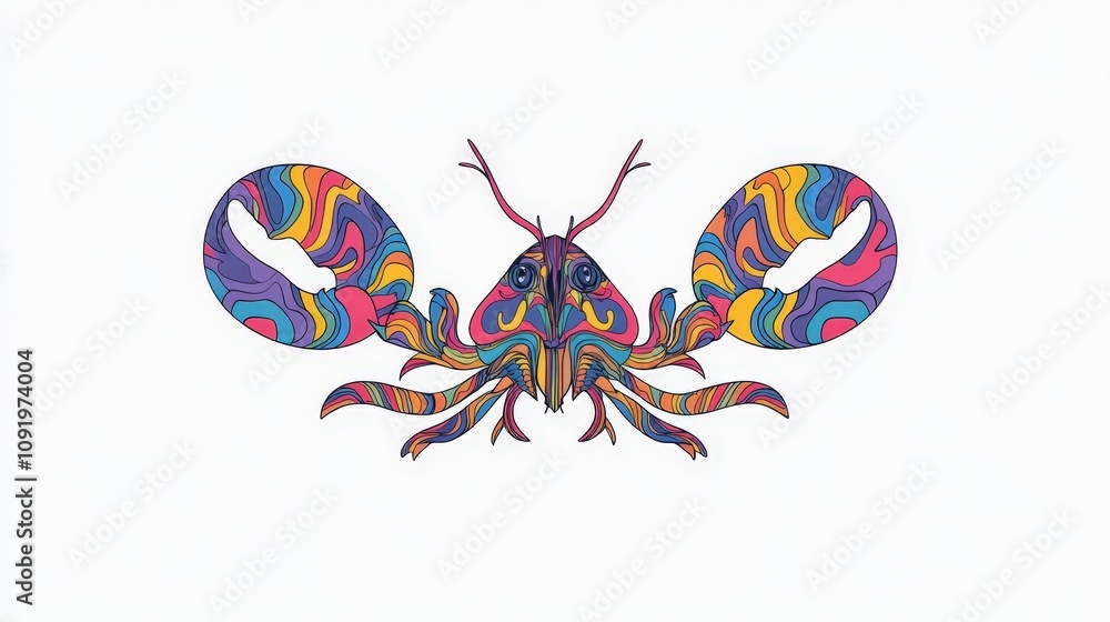 Poster vibrant artistic illustration of a colorful lobster featuring intricate patterns and swirls on a sim