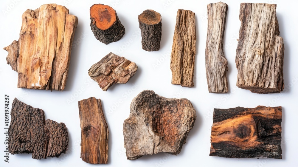 Aufkleber collection of various natural wood pieces displayed on a white background for textures and patterns 