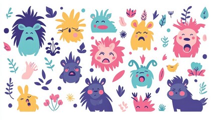 Obraz premium Colorful and Playful Cartoon Animals with Expressions Surrounded by Leaves and Flowers in a Fun and Whimsical Style for Kids and Creative Projects
