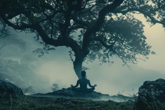 The silhouette of a yogi in a tranquil pose under a tree, surrounded by a misty, ethereal landscape