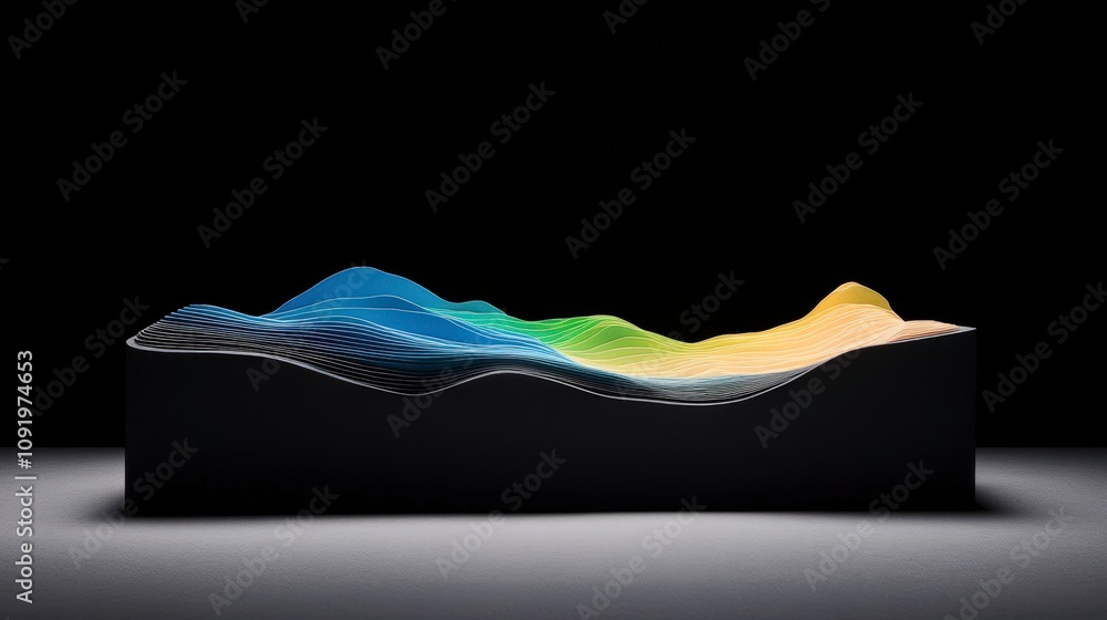 Poster abstract waveform sculpture in multicolored gradient displaying beautiful flowing lines and textures