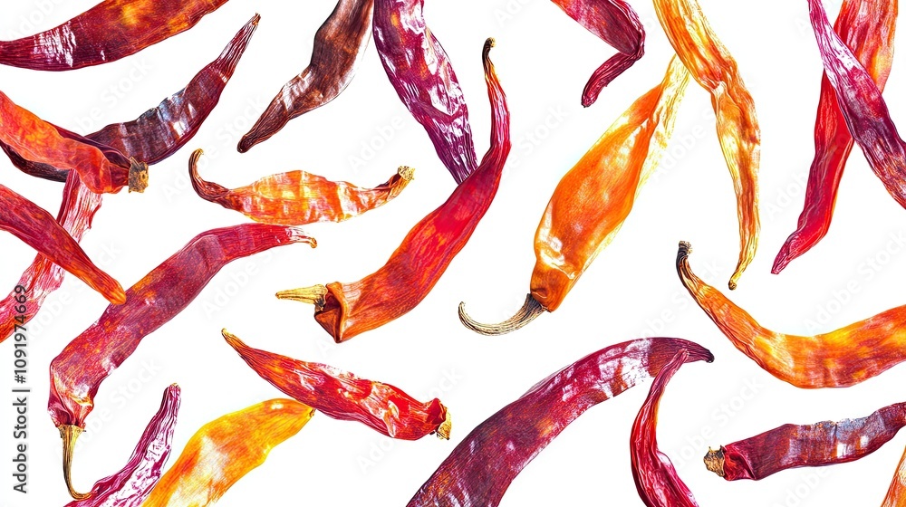 Poster vibrant array of dried chili peppers in various shapes and colors isolated on white background for c