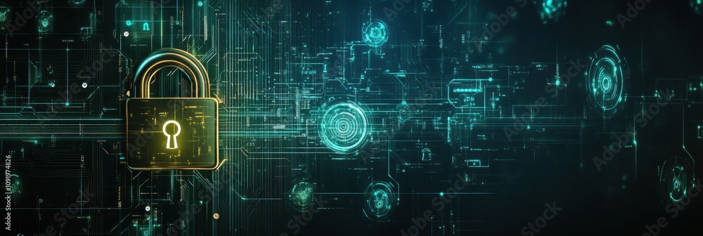 Aufkleber Exploring security via padlocks and keys in an abstract digital space, emphasizing technology and data protection. Generative AI