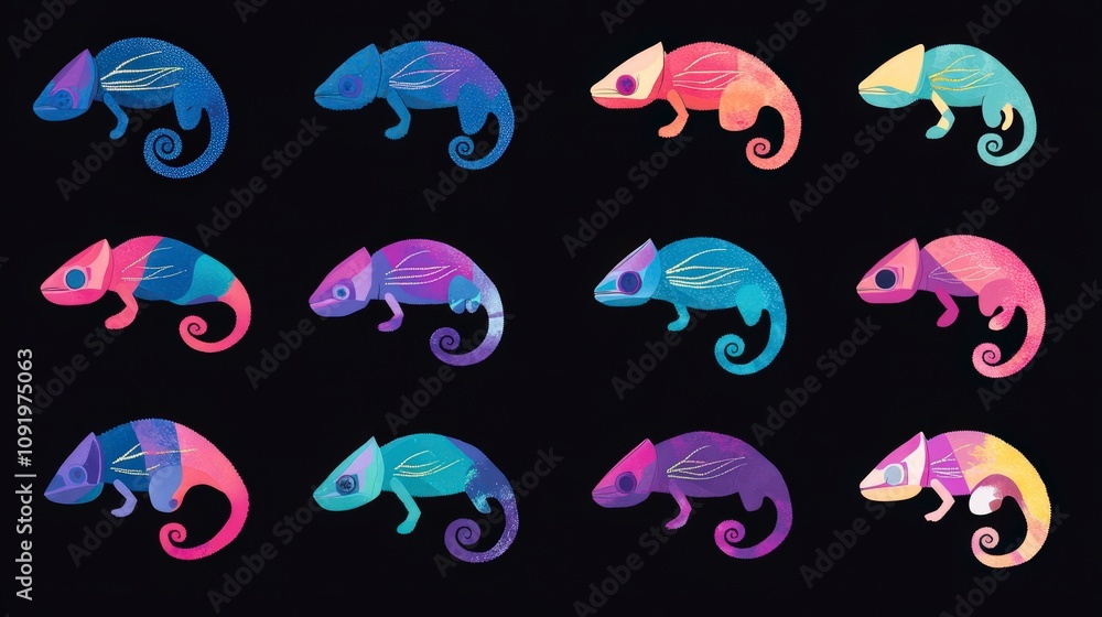 Poster vibrant collection of illustrated chameleons displaying vivid colors and unique patterns on a dark b