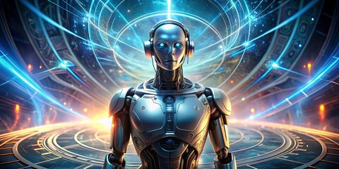 A metallic humanoid robot with headphones stands on a circular platform surrounded by glowing lights and intricate patterns.
