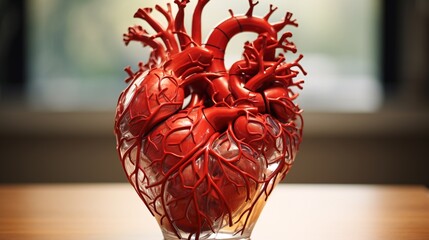 Detailed heart model in red showcasing the arterial and venous systems