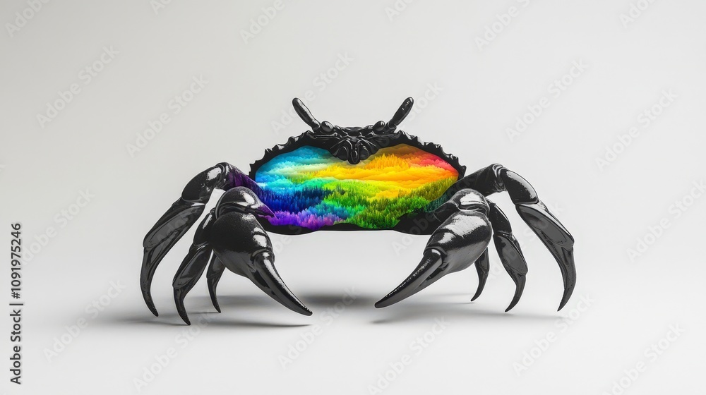 Poster artistic black crab with colorful rainbow design displaying vibrant patterns on its shell against a 