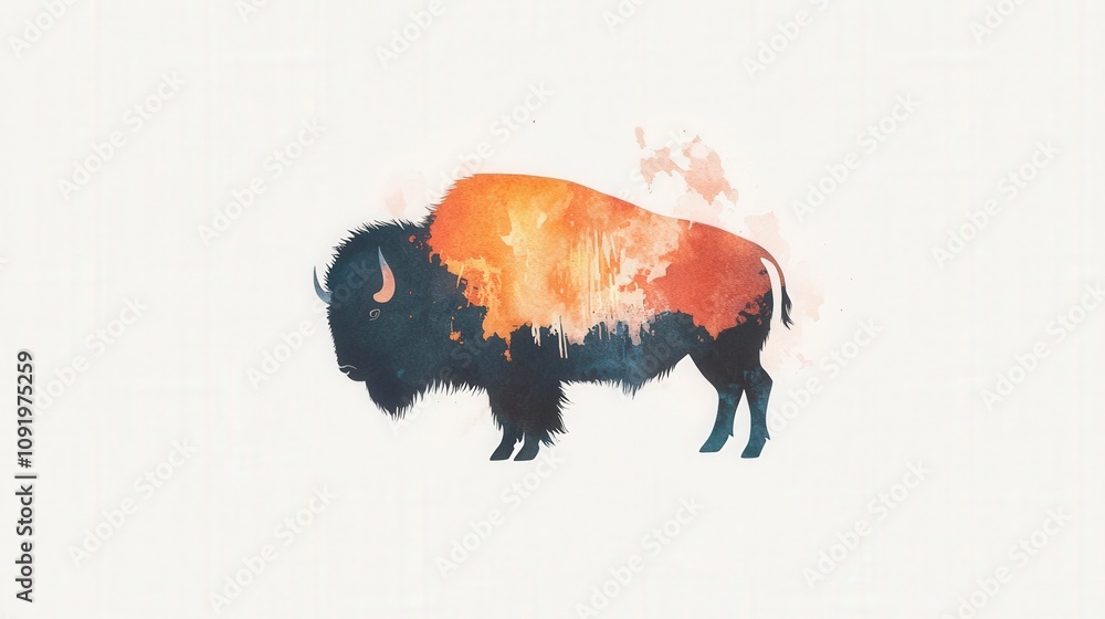 Poster artistic illustration of a bison with abstract color splashes representing nature and wildlife in a 