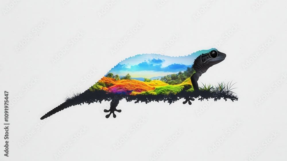 Poster vibrant nature embedded within a gecko silhouette depicting a unique fusion of wildlife and scenery 