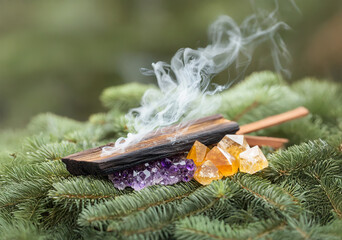 Holy wood smoldering, citrine and amethyst on cedar bow