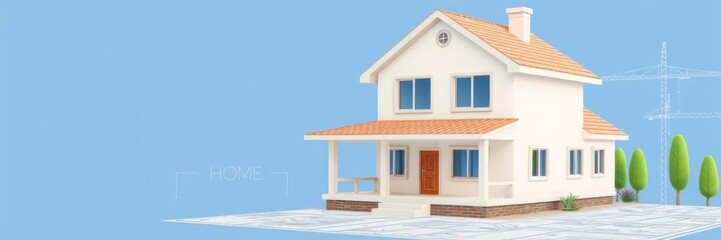 Obraz premium Modern residential building blueprint plans with 3d illustration in banner format, housing, house, plans