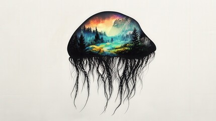 Surreal Jellyfish Landscape Art Featuring Vibrant Mountains and Lush Forests, Blending Nature with Abstract Elements in a Unique and Striking Composition