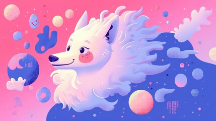 Obraz premium Playful Illustration of a White Wolf Surrounded by Colorful Clouds and Bubbles Against a Vibrant Pink and Blue Background