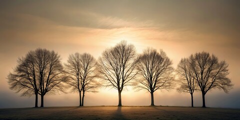 Naklejka premium Silhouettes of five leafless trees stand tall against the soft glow of a rising sun, their branches reaching towards the ethereal light in a captivating display of nature's beauty.