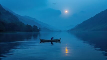 Solitary fisherman on calm lake at twilight.