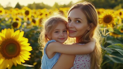 Mother and Daughter Embrace in Sunflower Field
