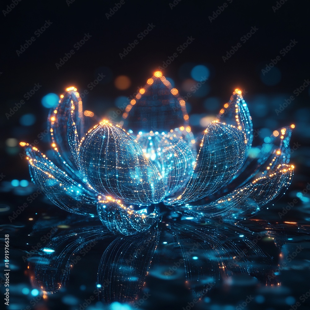 Poster digital art creation luminous lotus display virtual environment 3d visualization ethereal aesthetic 