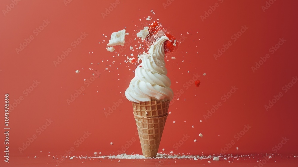 Poster exploding ice cream cone with crumbs against a red background
