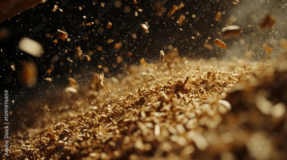 Poster close-up of wood shavings flying in air with soft natural light creating a beautiful textured backgr