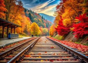 Fototapeta premium Autumn Leaves on a Train Platform Overlooking a Lush Forest, Capturing the Essence of Fall Colors and Tranquil Nature in a Documentary Photography Style