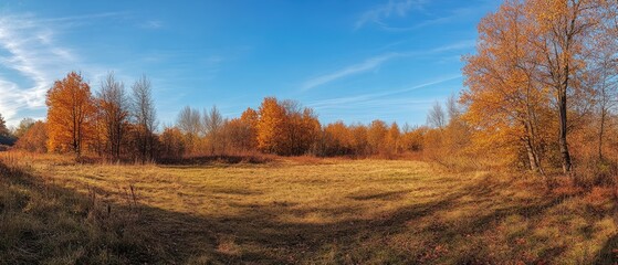 Autumnal landscape with golden trees and dry grass field under a blue sky.