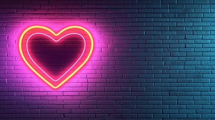 A glowing neon heart sign illuminates a textured blue brick wall, creating a vibrant and modern atmosphere.