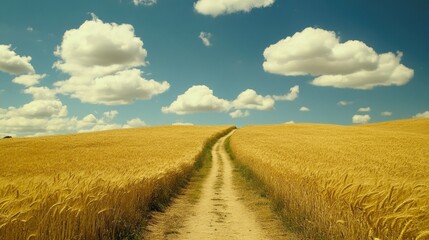 Obraz premium Tranquil Rural Path Through Golden Wheat Fields Under Blue Sky with Fluffy Clouds on a Sunny Day in a Picturesque Countryside Setting