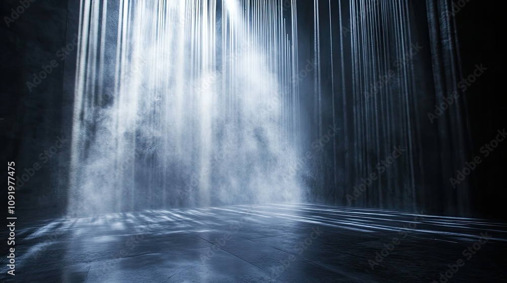 Poster natural light filtering through vertical lines creating an ethereal atmosphere in a dark space with 