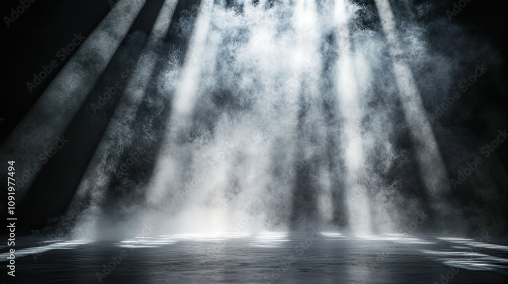 Poster ethereal light beams shining through mist in a dark space creating a mystical atmosphere for backgro