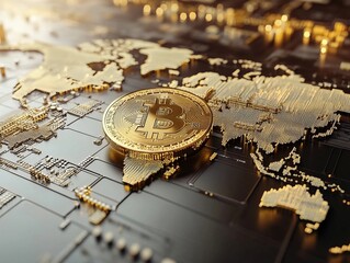 Dynamic visualization of bitcoin levitating above a low-resolution world map financial technology global economy digital currency futuristic concept