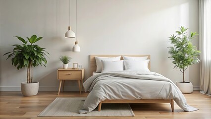 Fototapeta premium Minimalist Bedroom Interior Featuring a Wooden Bed Frame, White Bedding, and Natural Light