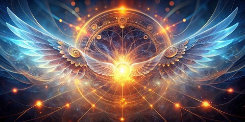 Obraz premium Celestial Wings Encircle a Glowing Ornate Wheel Amidst a Tapestry of Cosmic Threads