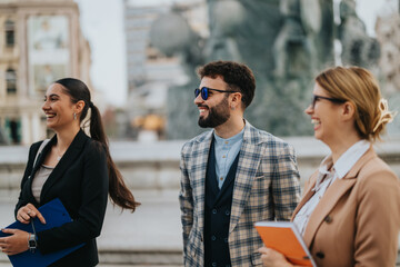 Cheerful business people enjoying a casual outdoor meeting, showcasing confidence and teamwork in a vibrant urban environment. The image conveys a positive and collaborative work atmosphere.