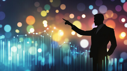 Silhouette of a Businessman Pointing at Growth Chart Amid Vibrant Bokeh Background