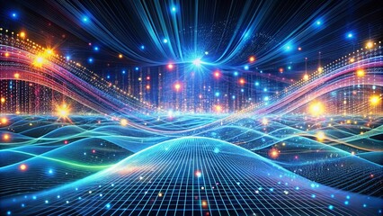 Obraz premium A luminous tapestry of interwoven digital streams, pulsing with energy, evokes a sense of interconnectedness within a boundless digital landscape.