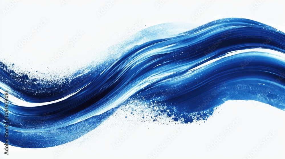 Poster abstract blue wave of paint brush strokes on a white background, showcasing fluidity and motion with