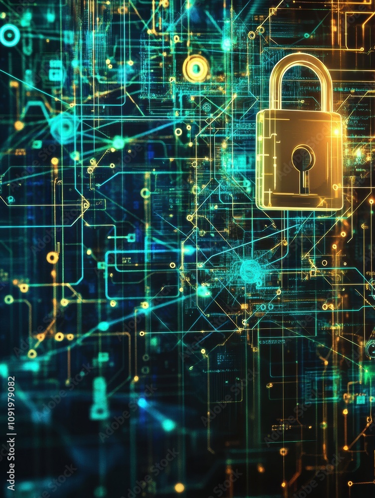 Poster An abstract digital background combines multiple padlocks and keys, representing themes of security and access in a modern context. Generative AI