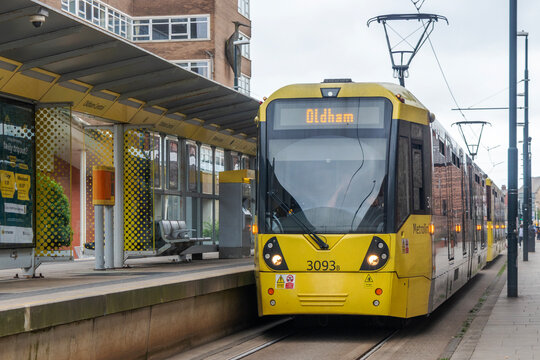 Tram arriving at Oldham Central Station, Union STreet, Oldham, Greater Manchester, England, UK